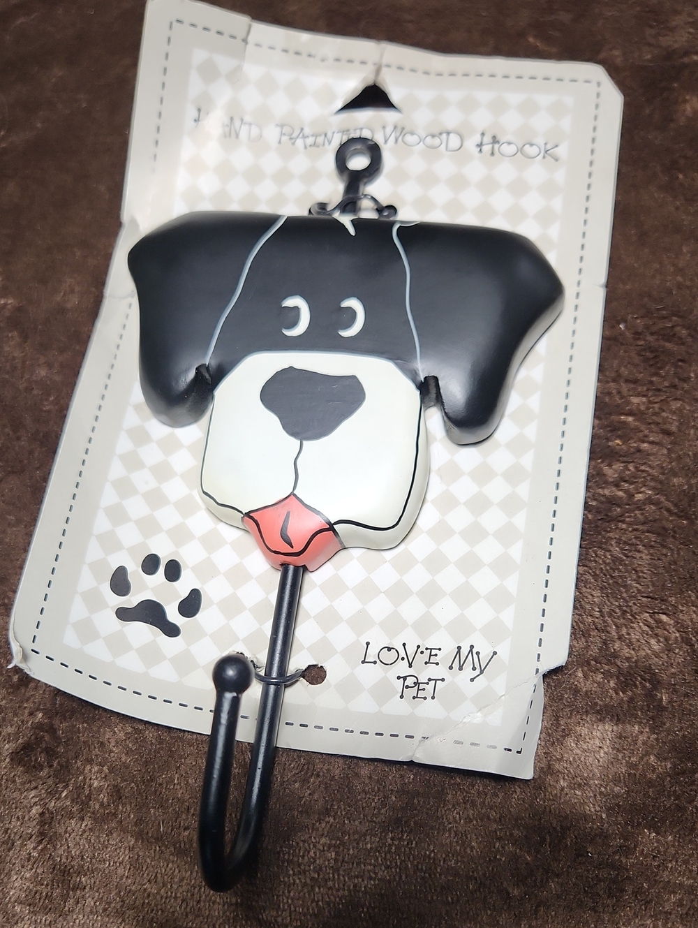 Love My Pet Black & White Dog Wall Hook New. 7.75" Tall Wood W/ Metal Hook
